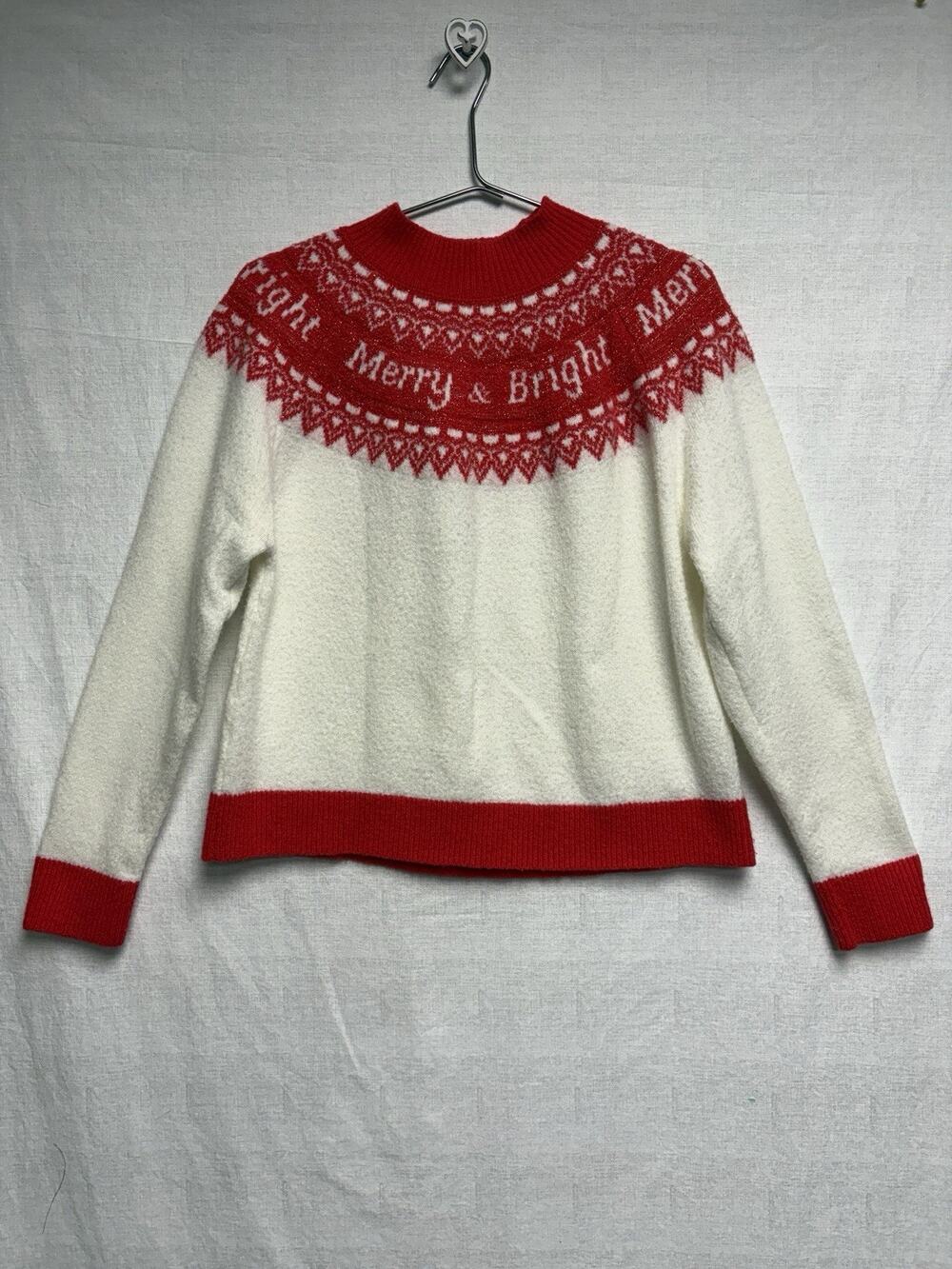 Merry Bright Women's Red & White Christmas Mock Neck Sweater - Size XL
